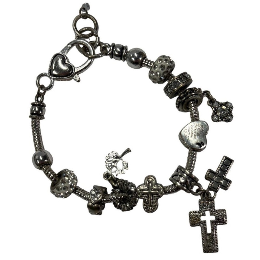 Silver Tone Religious Charm Bracelet Cross Heart Tree of Life Snake Chain 7.5in